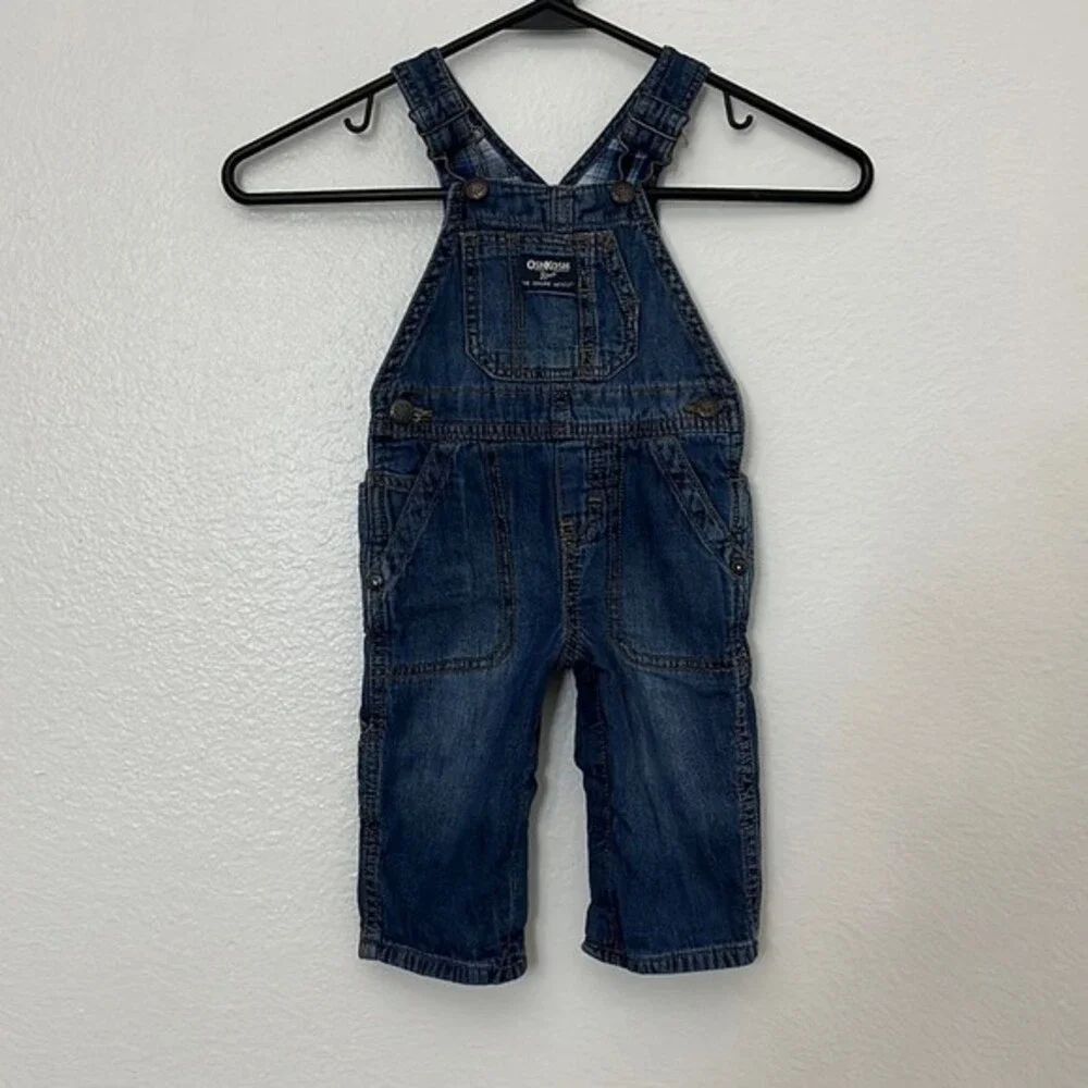 OshKosh B'Gosh Denim Toddler Overalls Denim Blue Plaid Lining 9 Months